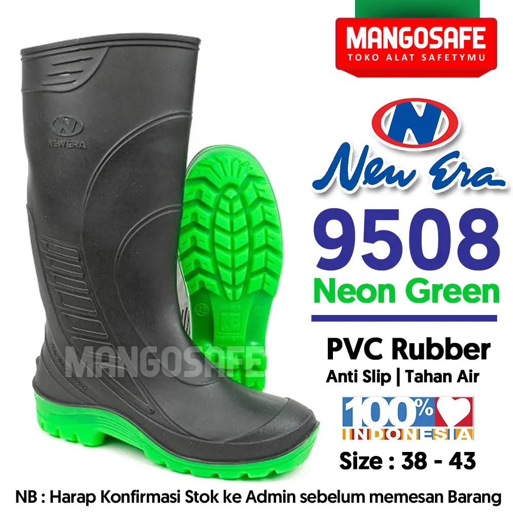 NEW ERA 9508 Neon Green /  NEWERA Sepatu Karet PVC Boot Hujan Tinggi Anti Air / Sepatu Petani Proyek Pabrik Kebun Waterproof Hijau Hitam