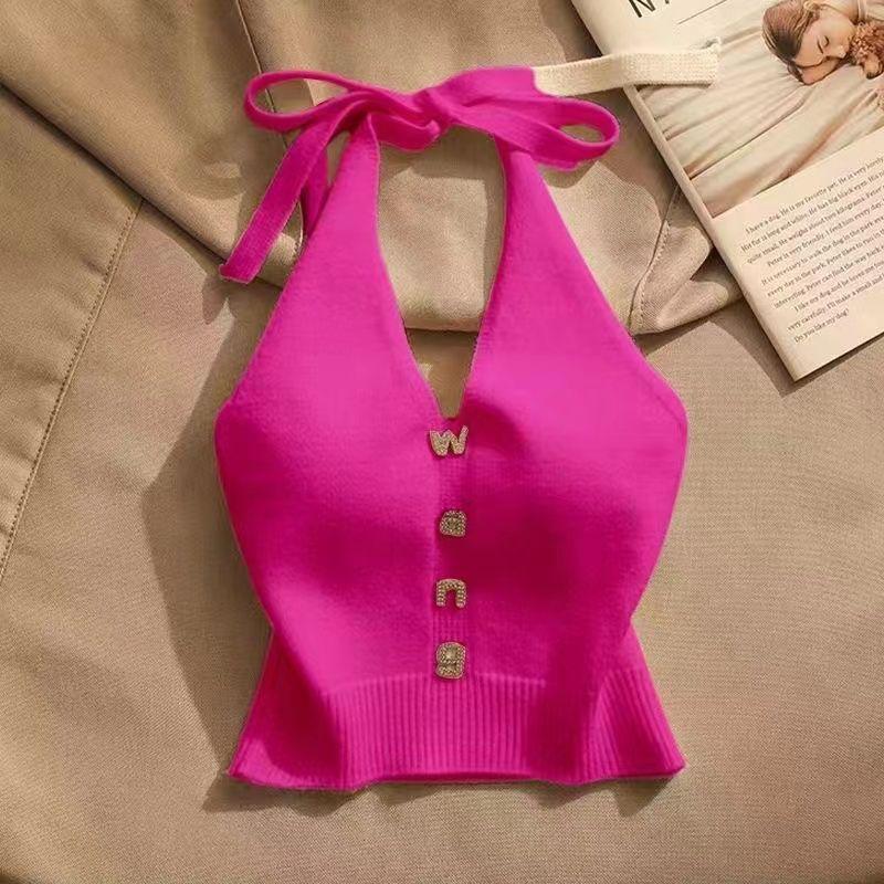 Áo Hai Dây Cổ Yếm Phong Cách Sexy, Dành Cho Nữ, Mặc Ngoài Trời, Lưng Đẹp, Trang Trí Kim Cương Giả, Cỡ Lớn, Áo Vest Dệt Kim Ngắn 3