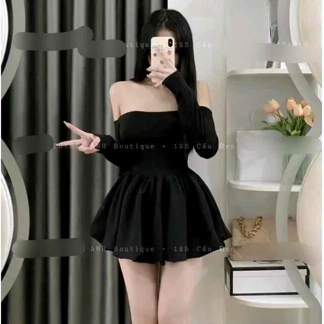đầm trễ vai tay dài from xòe kèm quần siêu xinh hoa váy tiệc Kem Dress Voan Nữ 0