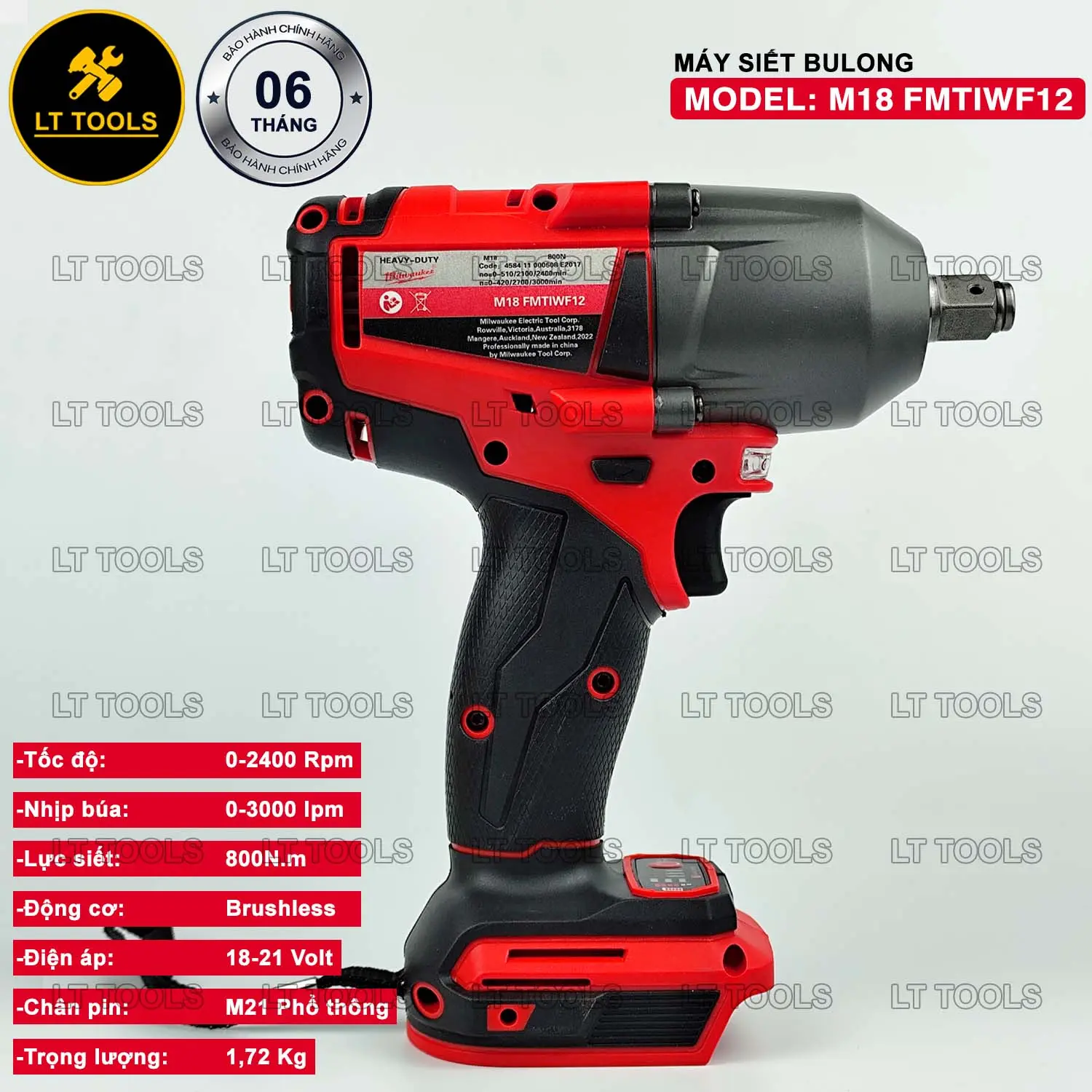 Máy Siết bulong Milwaukee M18 FHIWF12, Lực siết lớn 800N.m, Động cơ Brushless, Lõi Đồng 100%, Chân pin Makita M21 phổ thông, Chuyên mở ốc to, bulong ô tô