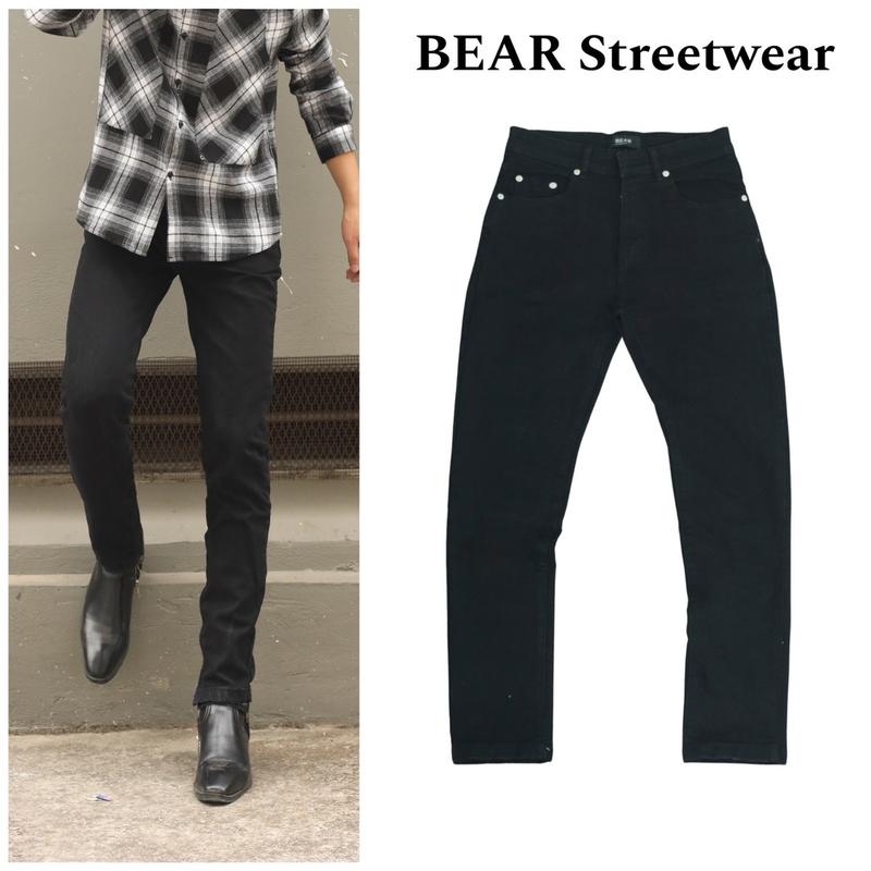 Quần jean nam streetwear T701 BEAR,phom slimfit,màu đen trơn không khóa zip