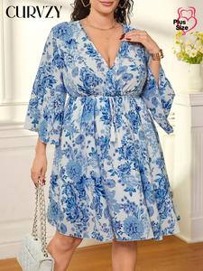 【Plus Size】CURVZY All Over Print V Neck Dress, Elegant Fashion Casual Dress for Daily Outdoor Wear, Women Plus Clothing for Summer