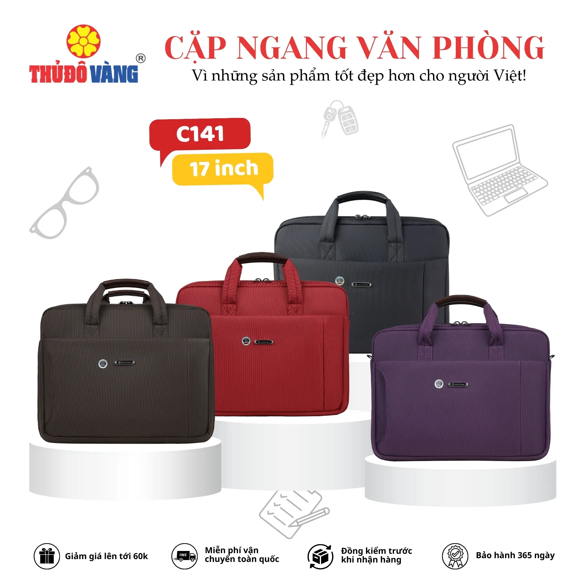 THỦ ĐÔ VÀNG Cặp ngang Công Sở, Học Sinh, Đi Dạy, Đi làm, Đựng Laptop 17 inch chống sốc C141