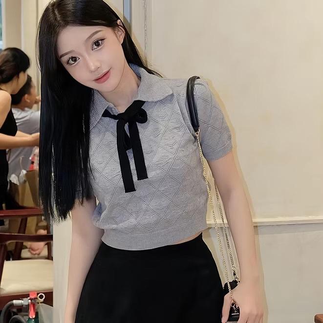   Bigsize 55-100kg Áo len hè nữ tay bồng kiểu tiểu thư áo len mát dáng dễ thương 