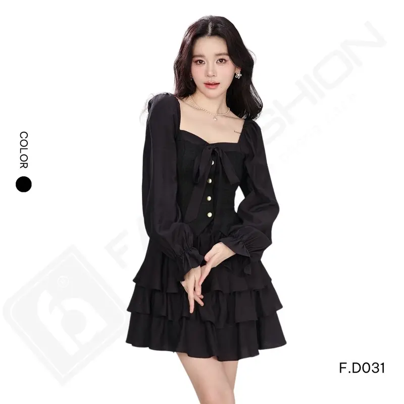 Đầm Xinh, Váy Dáng Ngắn Cổ Vuông FALI Tay Loe Phong Cách Thanh Lịch Mùa Thu Đông F.D031 4