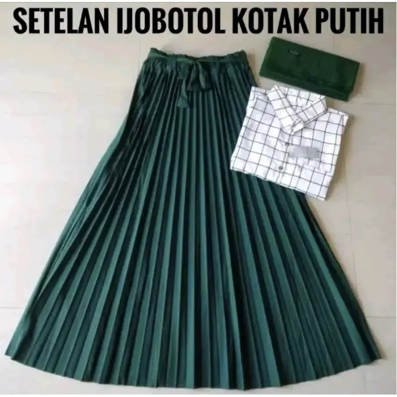 setelan Wanita rok plisket premium kemeja kotak kotak kancing lengan Panjang dan kerudung bela square 7
