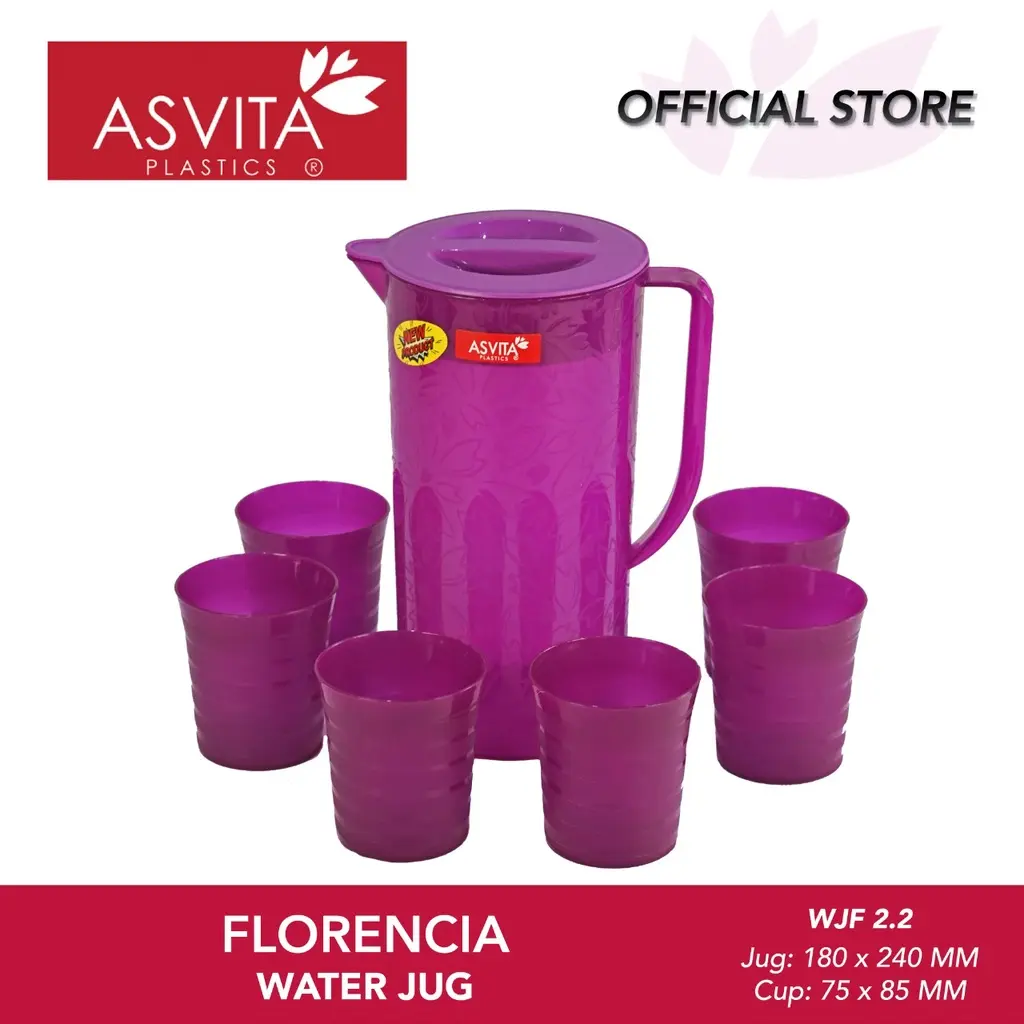 ASVITA Teko Florencia Water Jug 2.2L + 6 Pcs Gelas Plastik Food Grade Eskan WJF