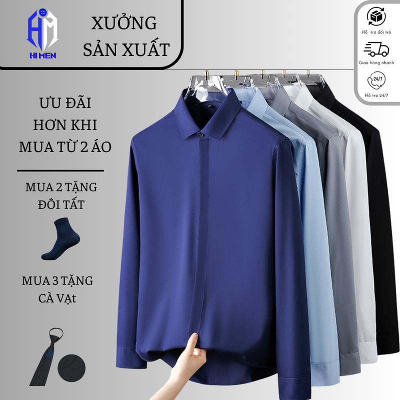 Áo sơ mi nam dài tay che cúc vải lụa mềm thấm hút mồi hôi tốt, co dãn nhẹ, kháng nhăn cao (44-84kg)