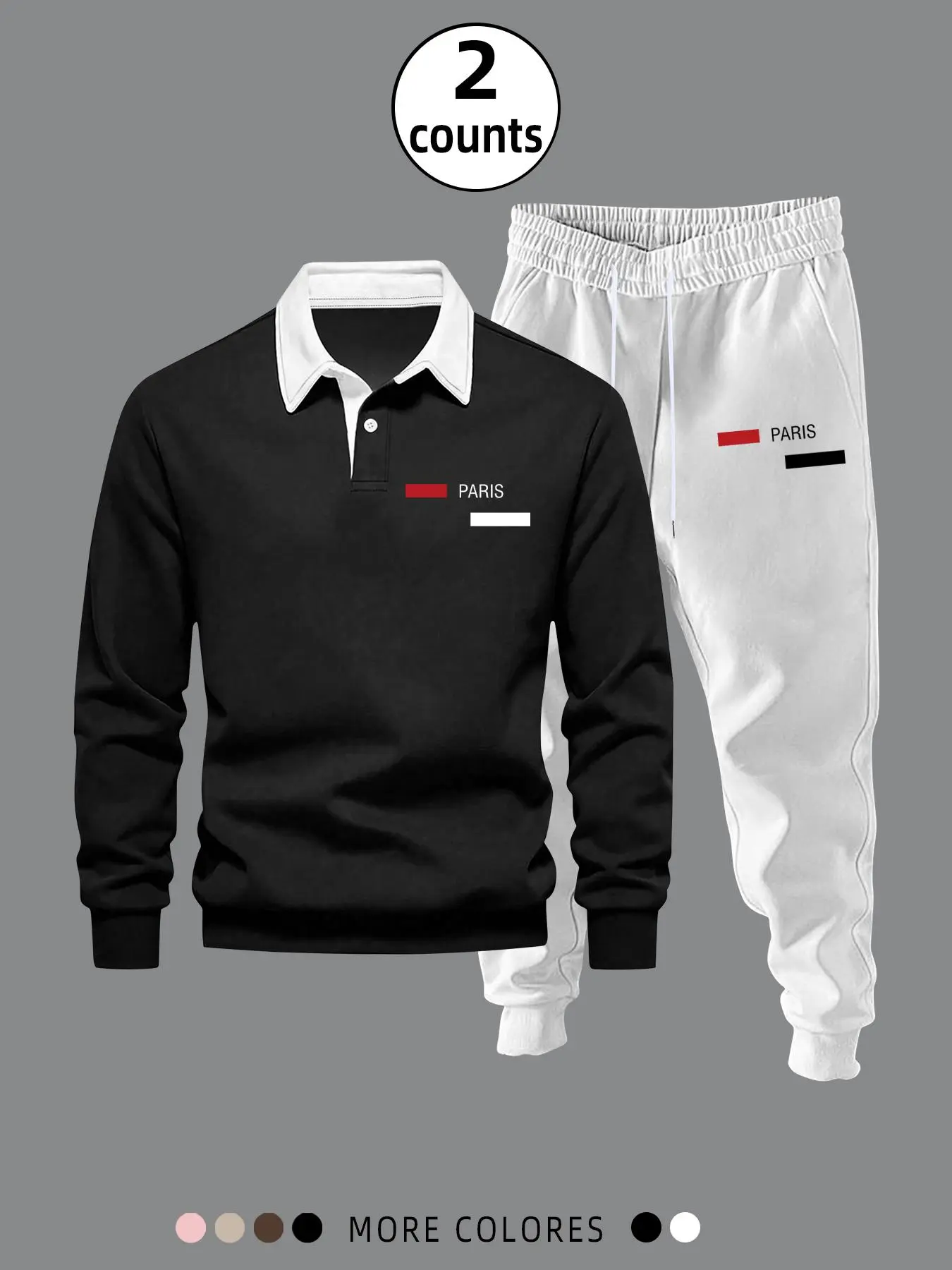Men's Letter Patched Polo Shirt & Drawstring Waist Pants Two-piece Set, Casual Regular Fit Long Sleeve Top & Pocket Trousers for Fall & Winter, Men's Two-piece Outfits for Daily Wear