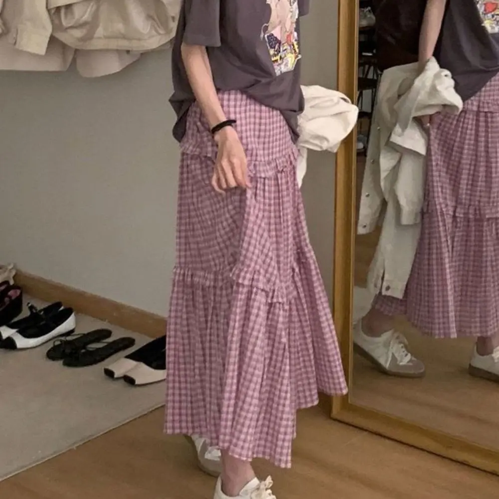 Womens Retro Cake Skirt Splicing Plaid Lined Half Length A Line Skirt Casual