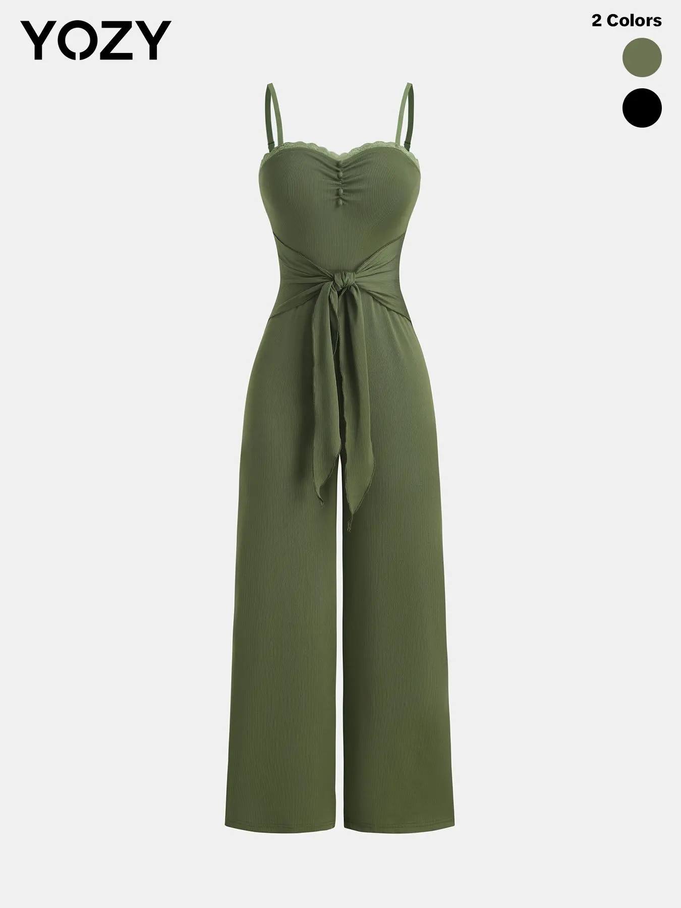 YOZY Women's Contrast Lace Tie Front Jumpsuit, Casual Comfy Cami Jumpsuit for Summer, Fashion Women's Overalls Clothing for Daily Wear