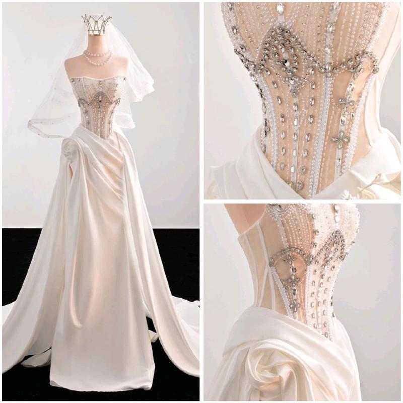 Đầm Váy Cưới Cô Dâu Đi Bàn Body Đuôi Cá Phối Tùng Xoè Xoắn Hoa Hồng Kết Đá Pha Lê Lấp Lánh Sang Chảnh HKD95 Nữ Dress Áo Cưới Women