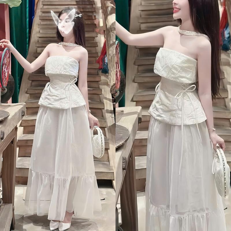 Set đồ nữ áo cúp ngực phối dây choàng cổ đính nơ eo kèm chân váy voan tơ 2 lớp sang chảnh dành cho các nàng diện đi chơi đi tiệc Women Top