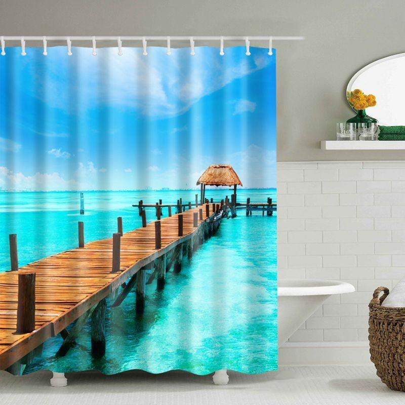 Rèm Vải phòng tắm Chống Nước họa tiết chiếc Cầu trên Biển in 3D cực sắc nét 0