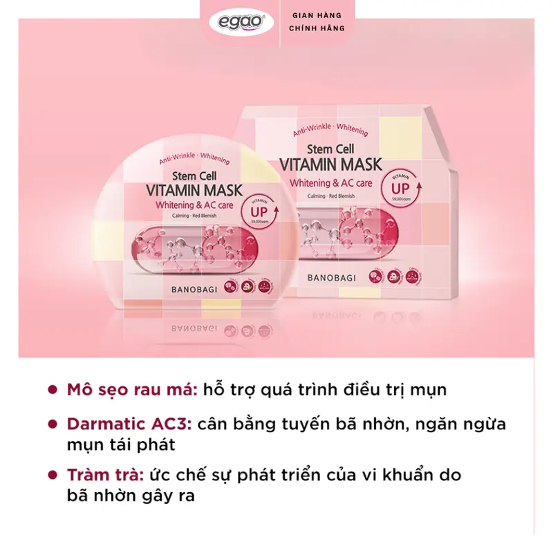 Combo 5 Miếng Mặt nạ Banobagi Hỗ trợ Làn Da Tươi Sáng và Rạng Rỡ, Stem Cell Vitamin Mask Whitening 150g (5 miếng) - Egao 7