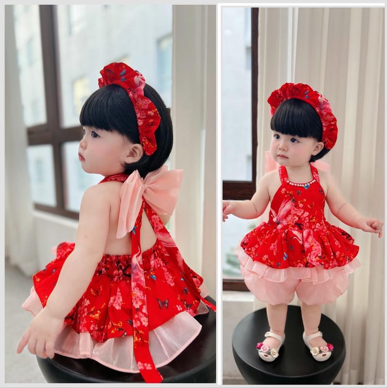 [HOT- ĐỘC QUYỀN] Set Yếm Hoạ Tiết Hạc Chất Lụa Latin Mướt Mịn Cho Bé Gái 4-30kg Quần Áo