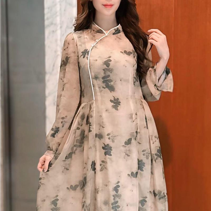CHICMORE Gaun motif cetak elegant gaya retro lengan panjang dan - Shop ...