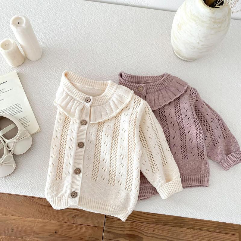 Product Introduction of Korean Baby Girl Autumn Hollow Out Sweater Cardigan Kids Fashion Cotton Ruffle Collar Knitted Jacket Spring Solid Outerwear Coat 32