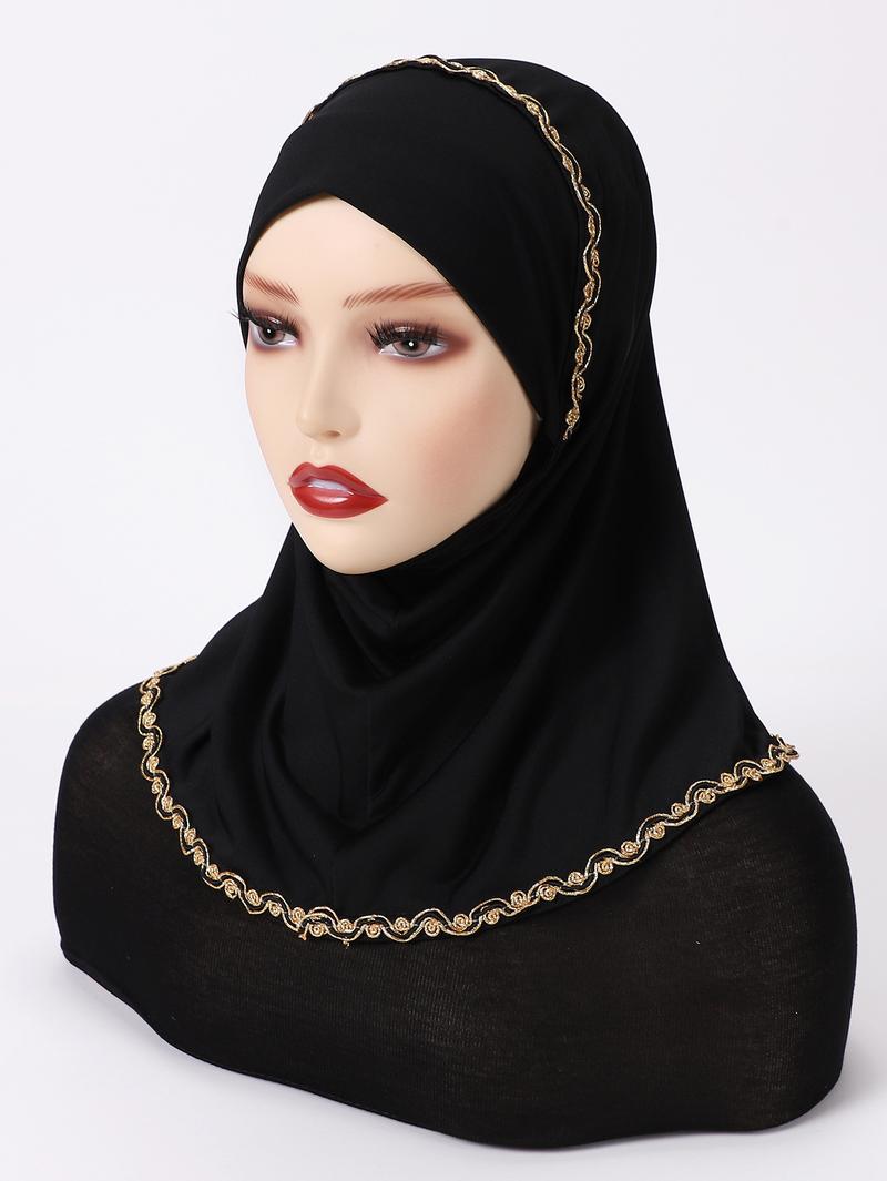 Product Introduction of Bottoming Hood Solid Color Gold Silk Lace Wrapped Chin Convenient Headscarf 7