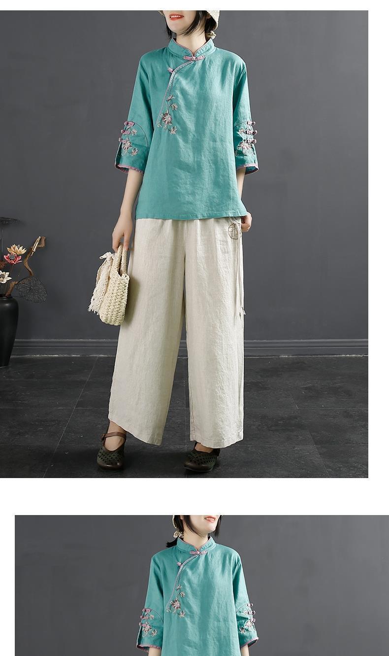 Product Introduction of Oemg2024 Summer New Chinese Style Retro Cotton and Linen Shirt Women's Chinese Style Stand-up Collar Frog Button Top Embroidered Cotton Tea Clothes 13