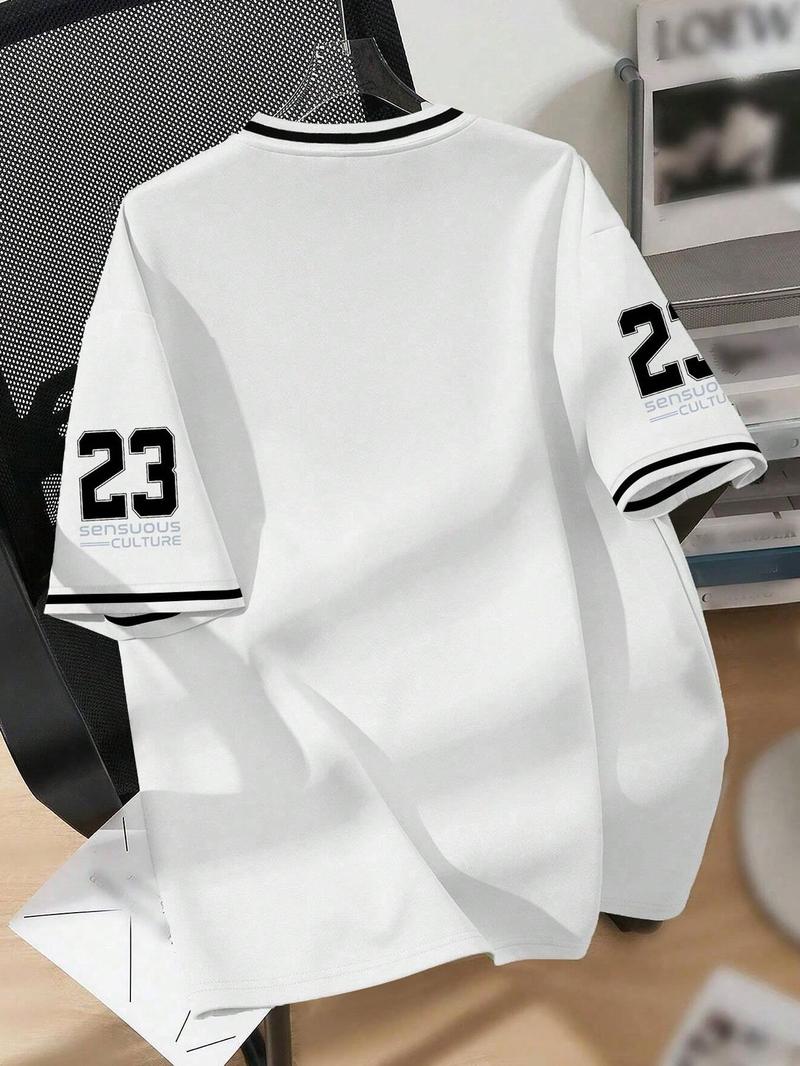 Product Introduction of Men's Letter & Number "23" Print Contrast Binding V Neck Tee, Regular Fit Casual Short Sleeve T-shirt for Summer, Men's Top for Daily Wear 2