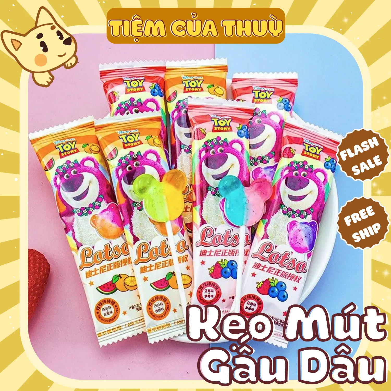 Kẹo Mút Gấu Dâu Trái Cây Mix Vị, Kẹo Gấu Dâu Lotso Dâu Tây / Việt Quất / Dưa Hấu / Cam