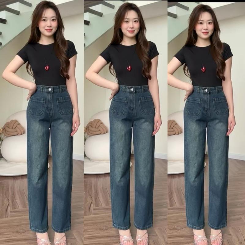 [ Nấm Lùn - Hàng Đẹp] Quần Jean Nữ Lưng Cao Dáng Xuông Túi Ngang Xanh Bụi Dài 95cm Top Top