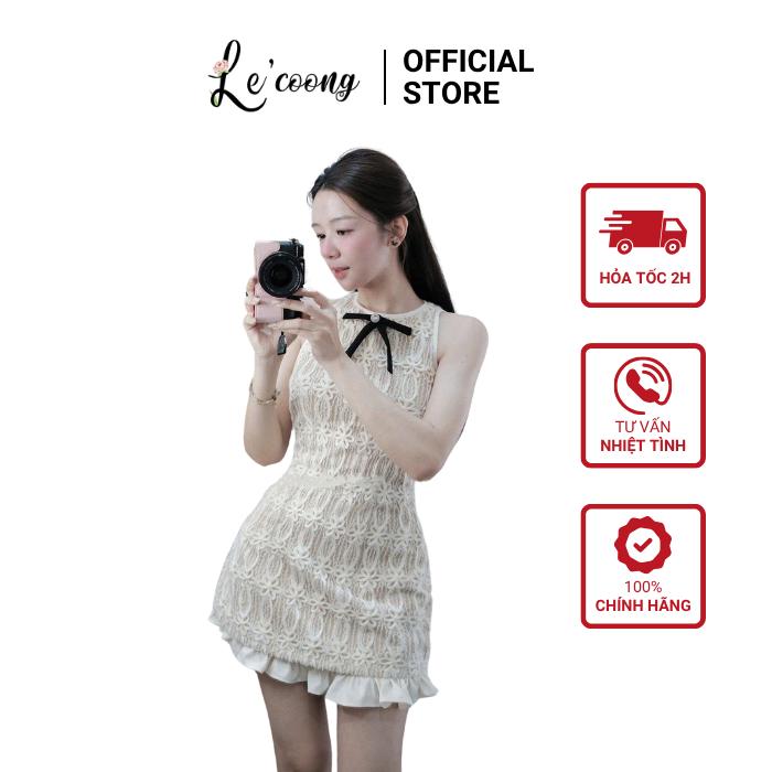 Váy Tiểu Thư Dáng Ngắn Cổ Yếm LECOONG V787 Đầm  Đi Tiệc Hoa Nổi Đính Nơ Sang Chảnh