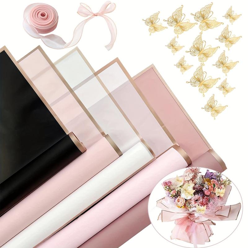 Flower Wrapping Paper Set, 38pcs/set Flower Wrapping Paper, 3D Butterfly and Ribbon, Waterproof Floral Bouquet Packaging Paper, Flower Shop Supplies, Boyfriend Gifts, Men Gifts 0