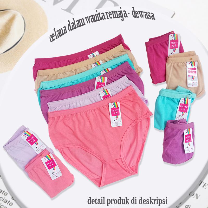 6 PCS Celana Dalam Wanita Remaja Dewasa Size M L XL XXL 4L Bahan Katun Lembut Motif Polos Warna Warni Pendek 1