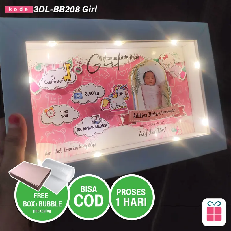 FRAME 3D LAMPU -Kado / Hadiah Foto Bayi (Biodata Bayi) Baby Born Girl 1 Hari Jadi | Bisa COD 3D-BB208 3D1 1