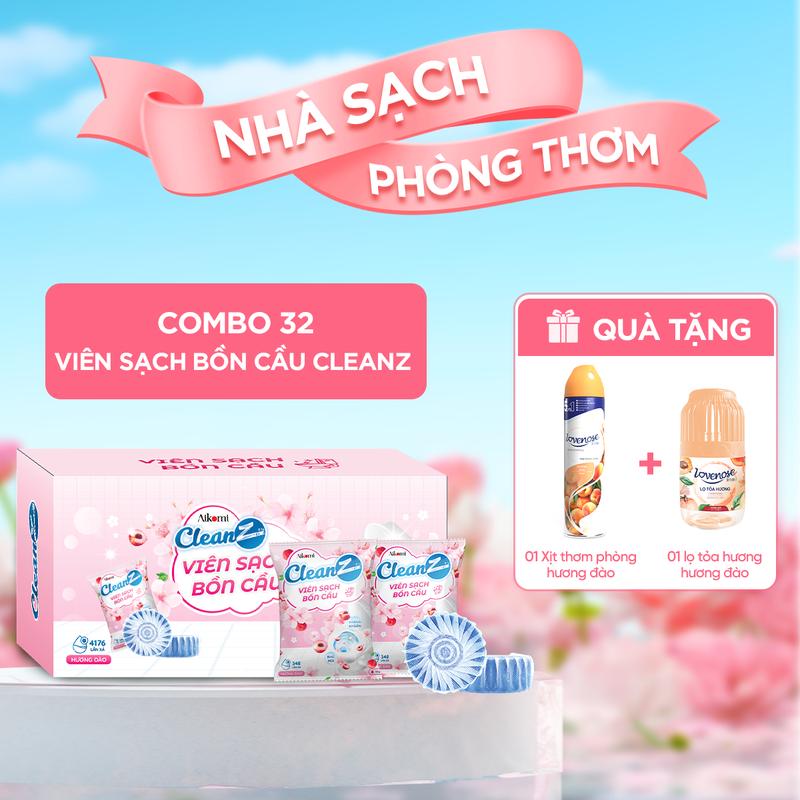 Combo 32 Viên Sạch Bồn Cầu CleanZ + 01 Xịt Thơm Phòng Hương Đào + 01 Lọ Tỏa Hương Đào