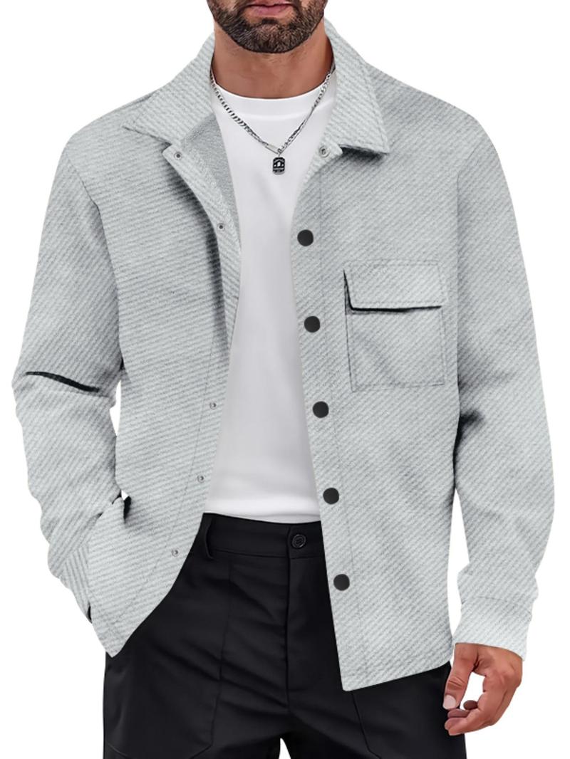 Product Introduction of Men's Solid Color Button Pocket Design Shirt, Regular Fit Casual Long Sleeve Collared Top for Spring & Fall, Fashion Men's Clothes for Daily Wear 1