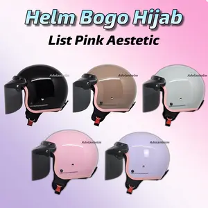 Helm Bogo Wanita Cewek List Pink Aestetic Helm Bogo Retro Hijab Full Leher SNI Flat Visor Motorcyle