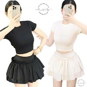 [Size S] Set Outfit Áo Croptop Borip Ôm Body Form Basic Trơn Phối Kèm Chân Váy Xoè Xếp Ly Chạy Viền Bèo Lưng Cao (Mocking Thun Sau), Nữ Kem Women Pants Thun Cổ Tròn