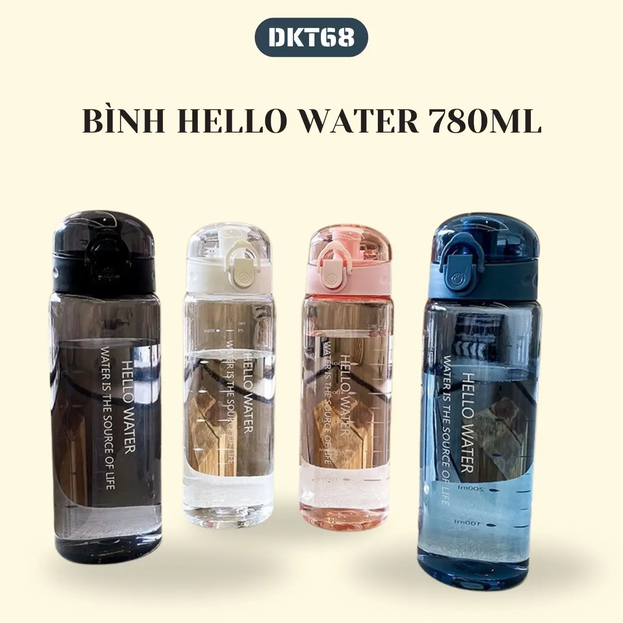 Bình Nước Thể Thao Trong Suốt Hello Water Cho Nam Nữ 780ml Có Nắp Bật Tiện Lợi Phù Hợp Tập Gym, Chạy Xe Đạp, Thể Thao Ngoài Trời - Sport