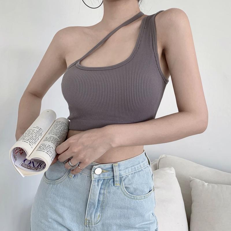 Women Sexy Navel Tops, Plain & Ribbed One Shoulder Sleeveless Slim Crop Top, Ladies Summer Bandage Short Shirt 4