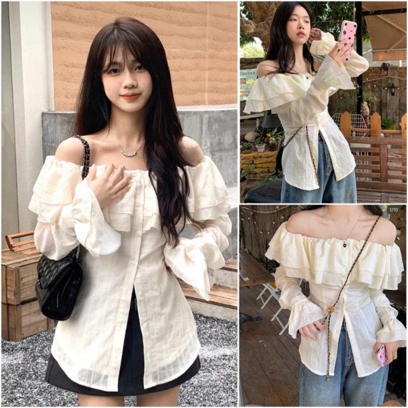 Áo trễ vai tay dài bẹt kiểu ôm bồng xẻ tà chất voan xốp trắng xinh VANISA CT047 Nữ Top 0