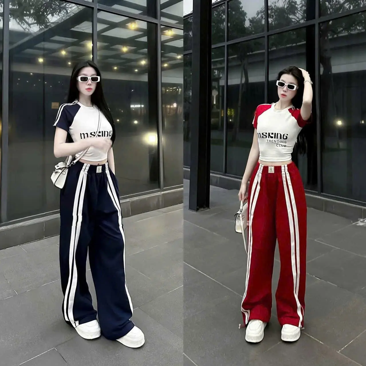 Sét bộ thời trang nữ thiết kế năng động trẻ trung cá tính, sét tăm lạnh from rộng chạy viền sọc tay áo phối in chữ phối quần suông tôn dáng