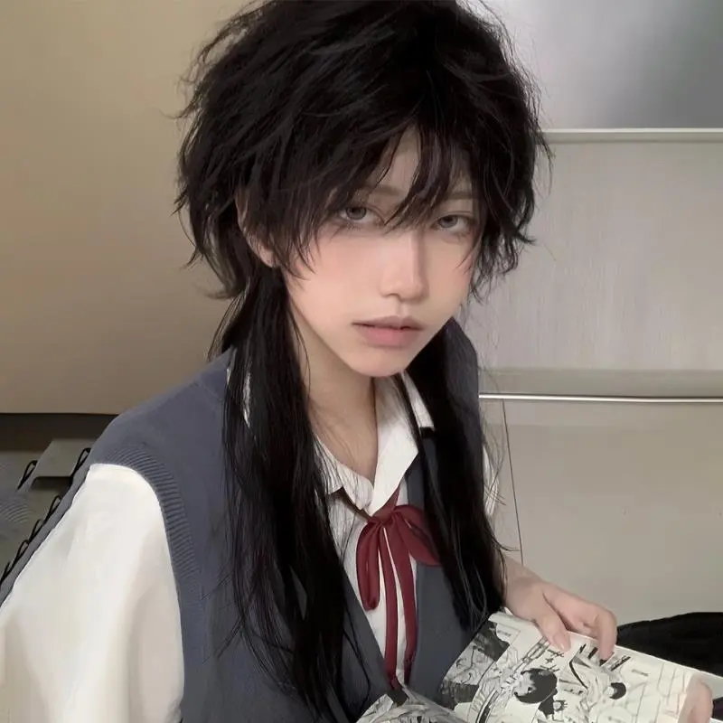 Perak rambut panjang, gaya anime pria, kepala dan ekor mulut tinggi, set kepala penuh, foto gaya Jepang, cosplay, seluruh peruk