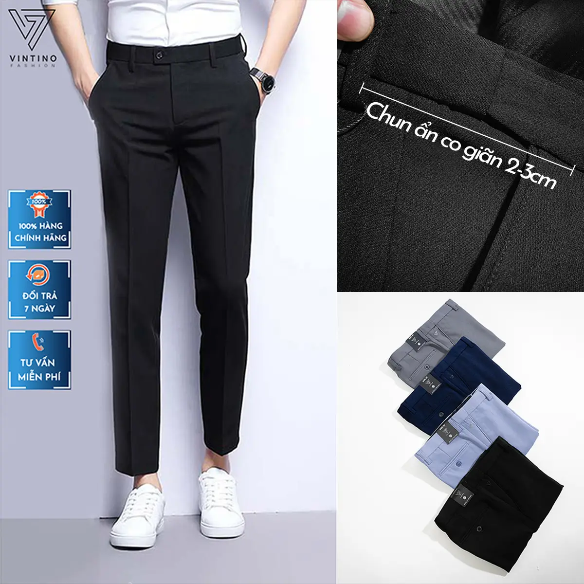 Quần Tây Cạp Chun Nam VINTINO Ống Côn Form Slimfit Vải Cotton Hàn Mềm Mại, Quần Âu Nam Hàn Quốc Đen  Menswear Pants Ong