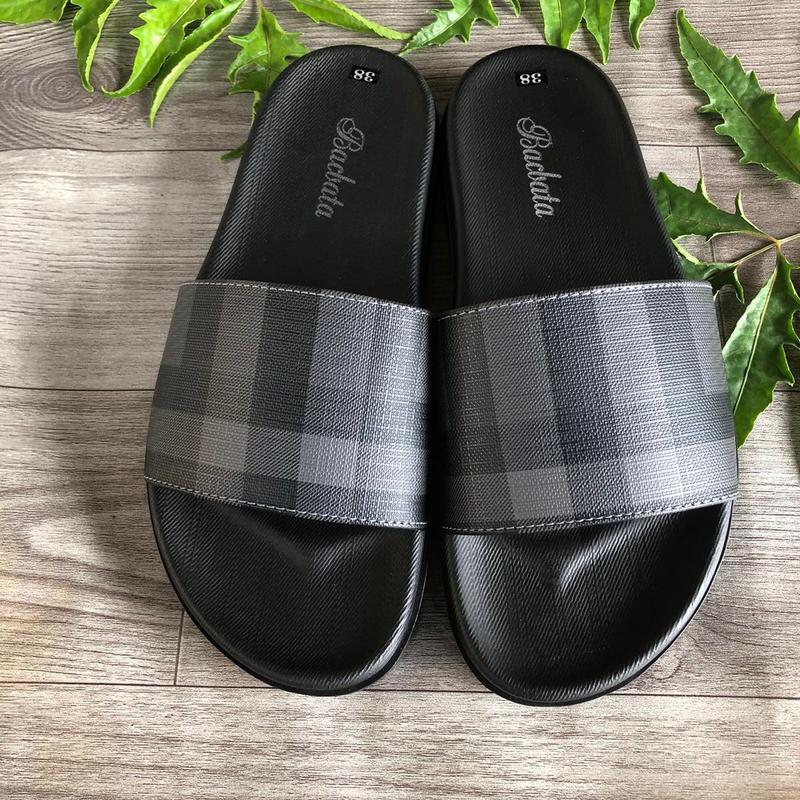Dép quai ngang màu đen hoạ tiết kẻ sọc Thu Hoài,Dép nam mũi tròn  đế cao su phong cách đường phố tối giản Mùa hè  Mùa đông Ngoài trời