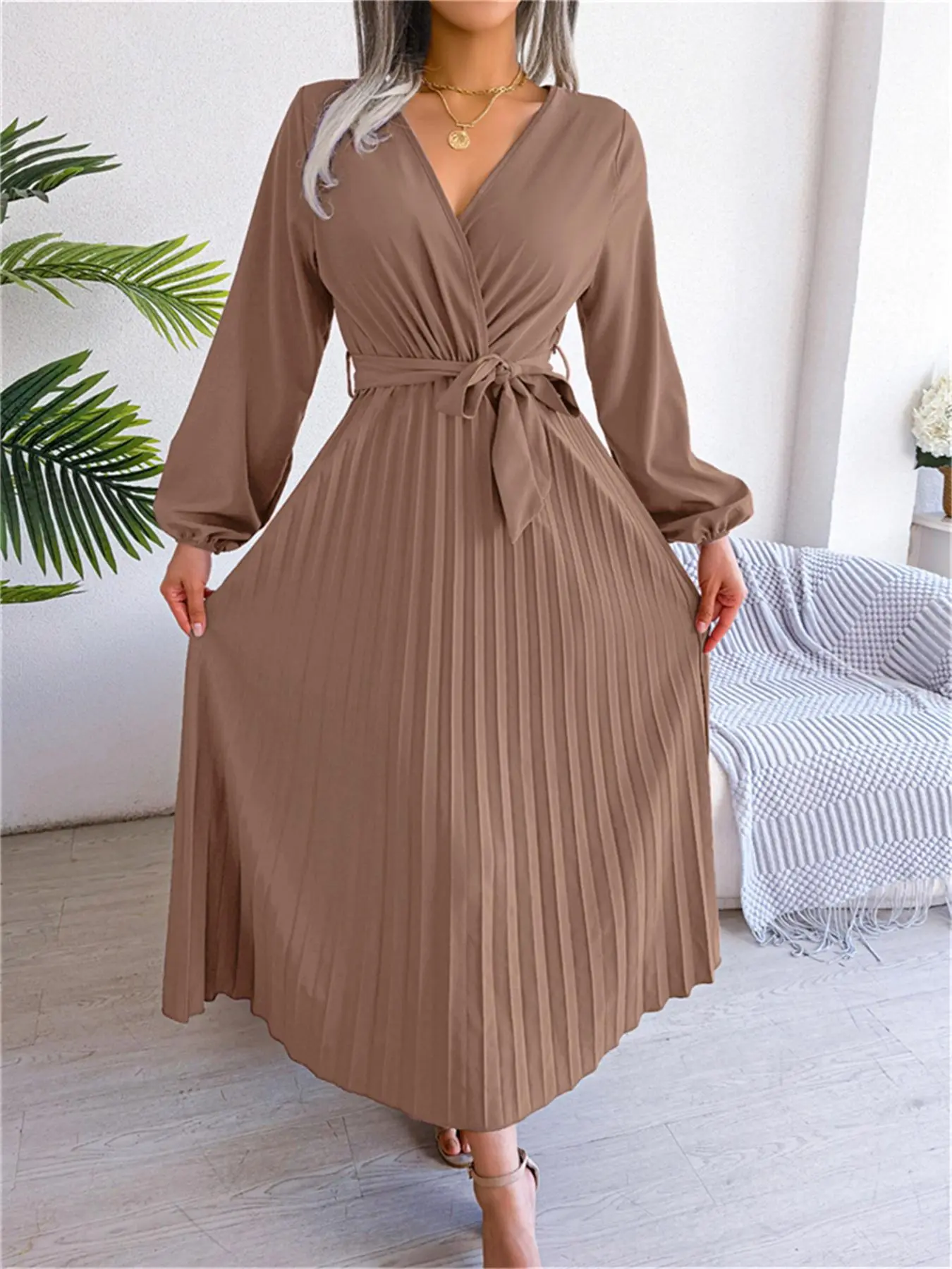 Women's Solid Wrap Belted Long Sleeve Pleated Dress, Casual Bishop Sleeve V Neck A Line Dress for Fall & Winter, Women's Clothing for Daily Wear