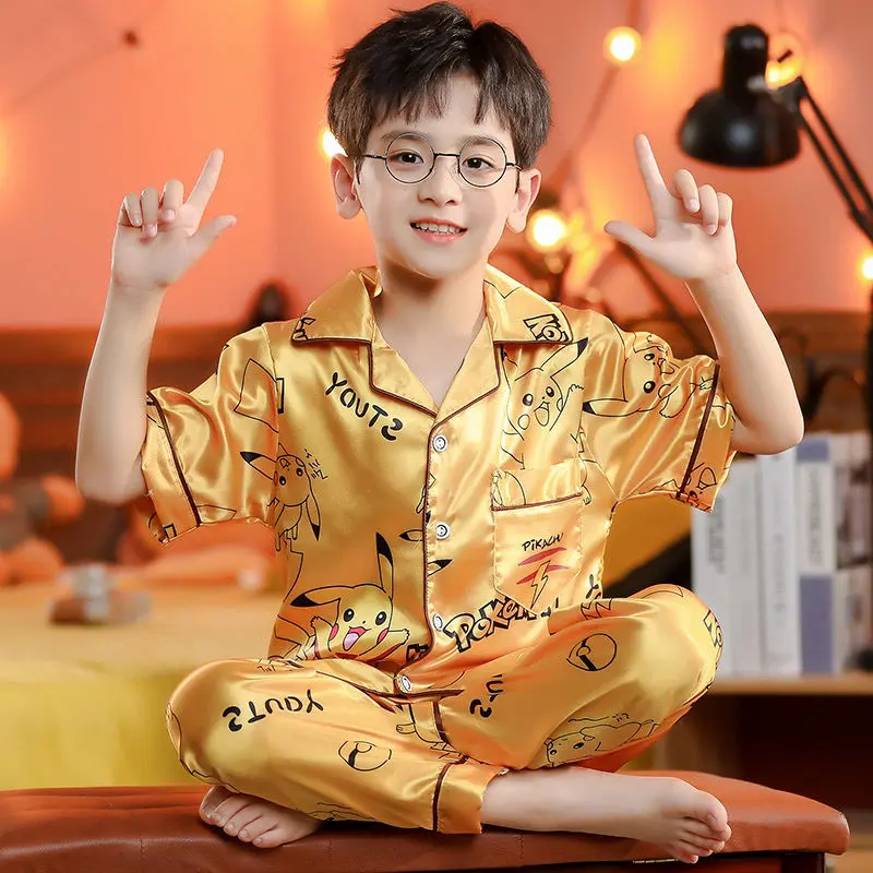 Bộ Đồ Ngủ Trẻ Em, Bé Trai, Chất Liệu Lụa Lạnh Bộ Quần Dài ngắn Tay Thích Hợp Cho Mùa Hè, Thanh Thiếu Niên, Mặc Nhà, Mỏng, Năm 2025