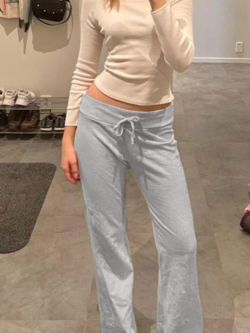 Product Introduction of Women's Solid Drawstring Foldover Waist Straight Leg Pants, Pants for Women, Fashion Casual Drop Waist Trousers, Trousers for Women, Women's Bottoms, Back To School Clothes,  Winter Outfits 8