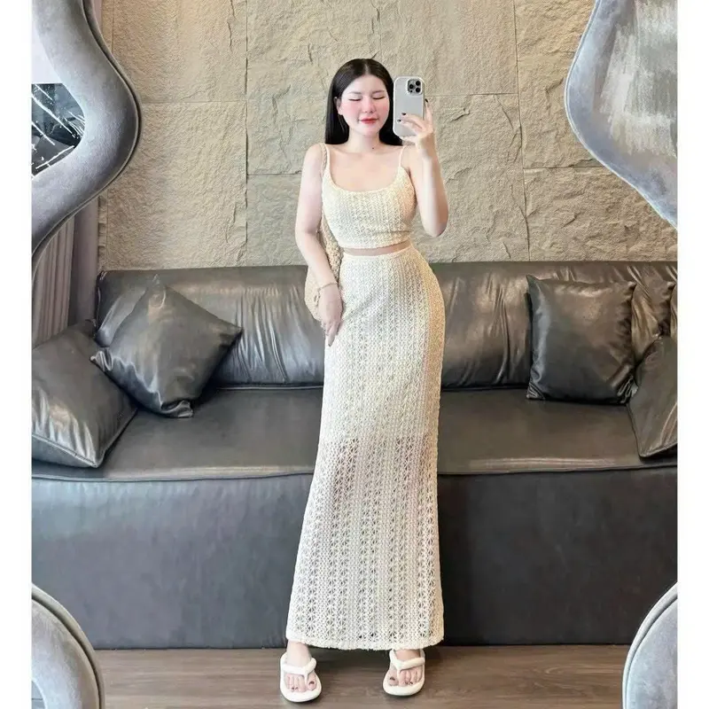 sét đồ đi biển nữ áo hai dây kèm chân váy dài (có lót) chất len ren thoáng mát 4