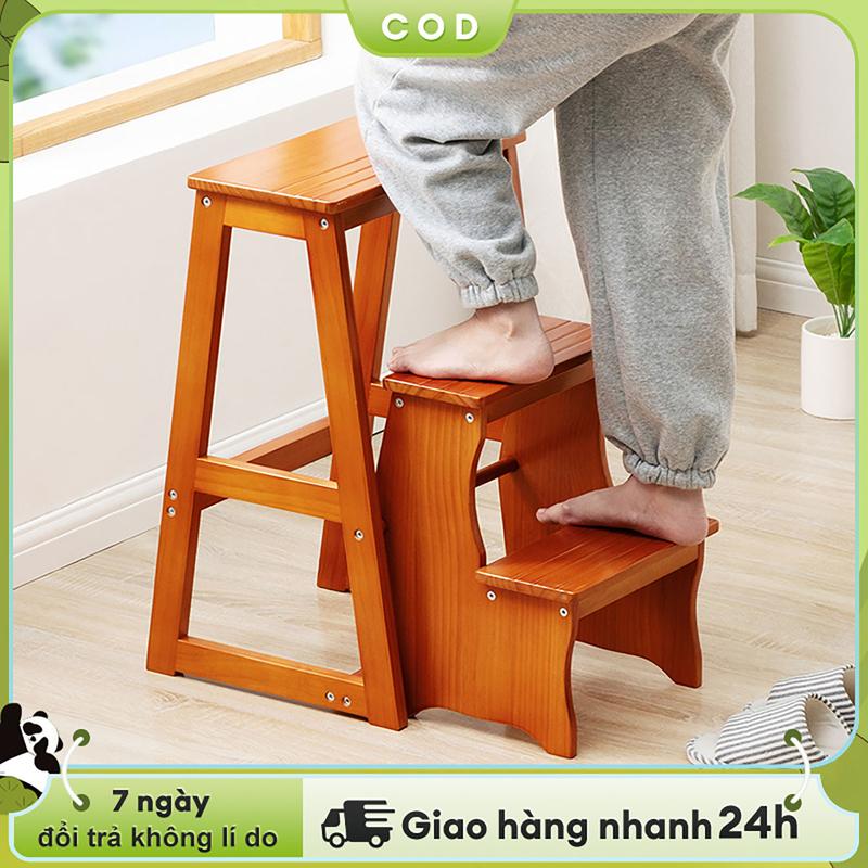 Sunlight Mall Ghế thang đa năng xếp gọn Ghế thắp nhang 3 bậc xếp gọn, gỗ cao su Ghế Xếp Bằng Gỗ Trơn Đa Chức Năng Dùng Trong Nhà / Leo Núi