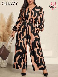 CURVZY Plus Size All Over Print Shirred Pocket Wide Leg Jumpsuit, Casual Bishop Sleeve V Neck Jumpsuit for Spring & Fall, Women's Clothes for Daily Wear