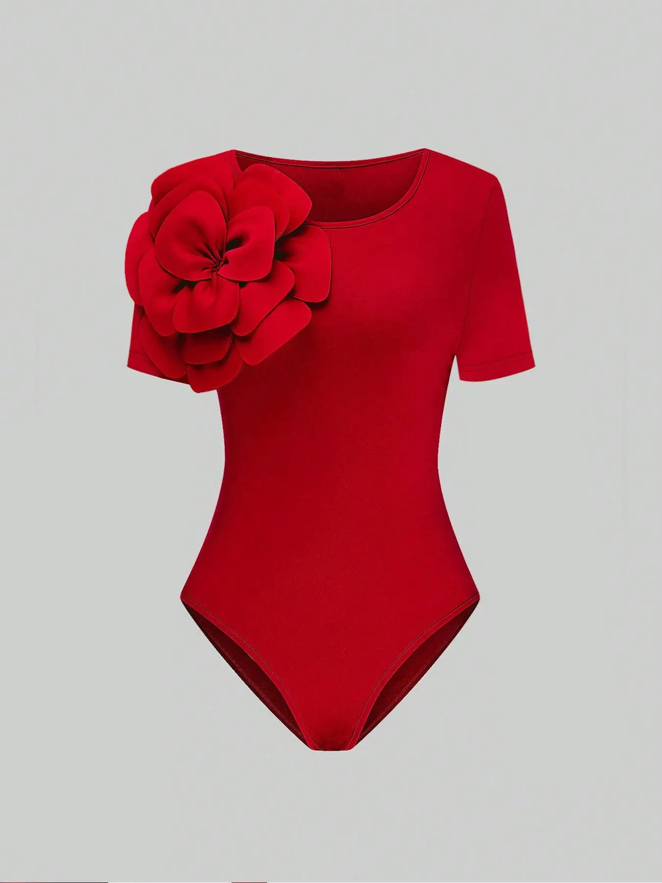 Women's Plain Floral Decor Round Neck Bodysuit, Casual Short Sleeve Bodysuit for Summer, Ladies Clothes for Daily Wear