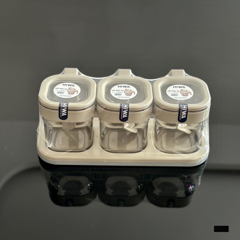 Bộ hũ đựng gia vị vuông trong suốt nắp bật có muỗng múc khay đựng set 3 hũ